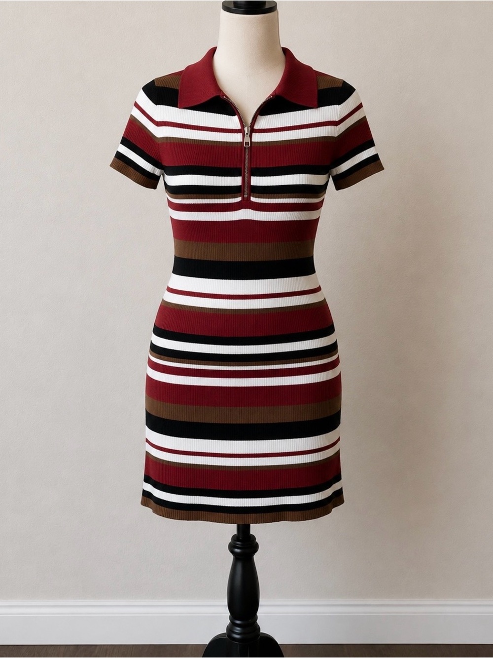 Striped Polo Zip-Front Knit Dress in Burgundy, Black & White